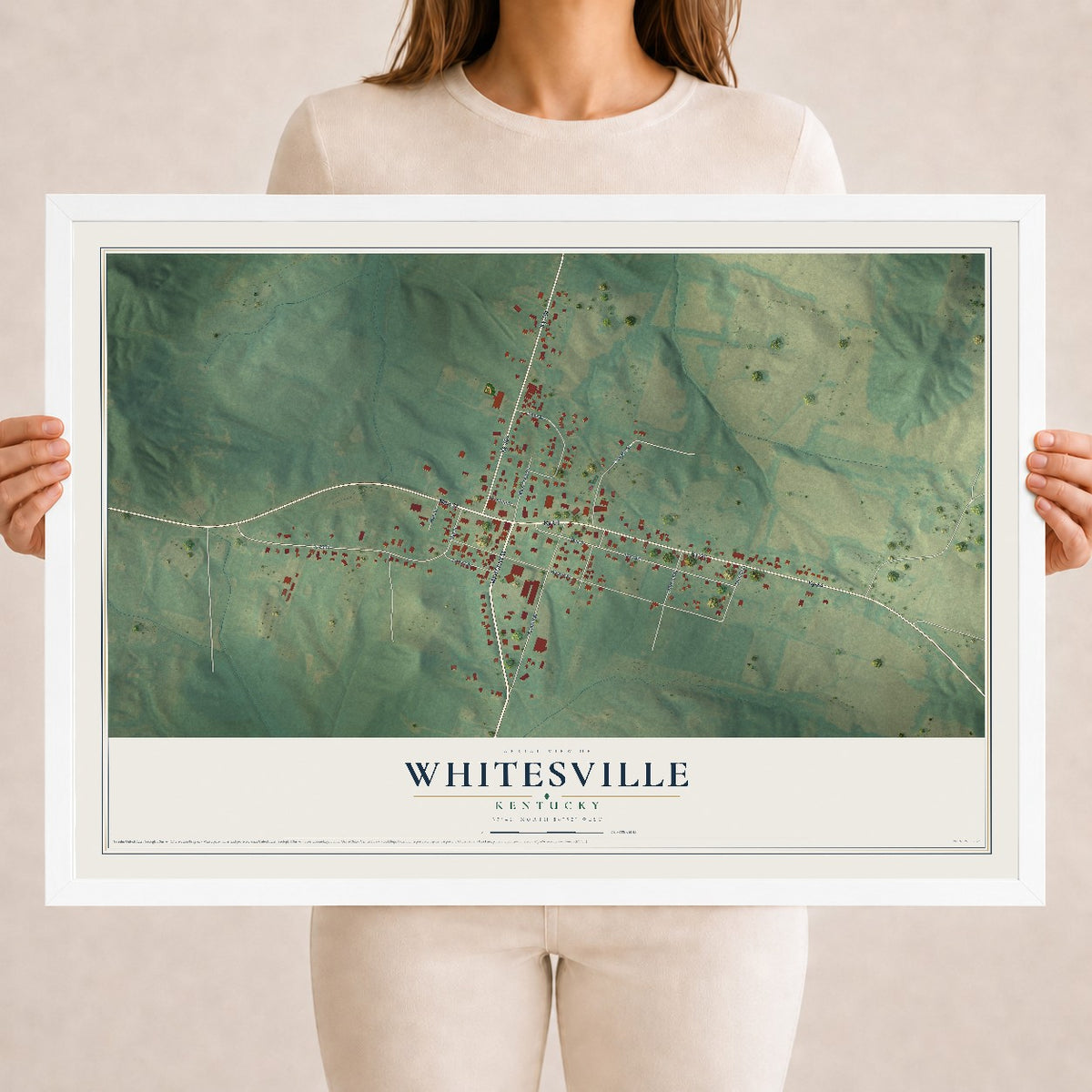 Map of Whitesville, Kentucky, 18 x 24 inch print in a white wood frame