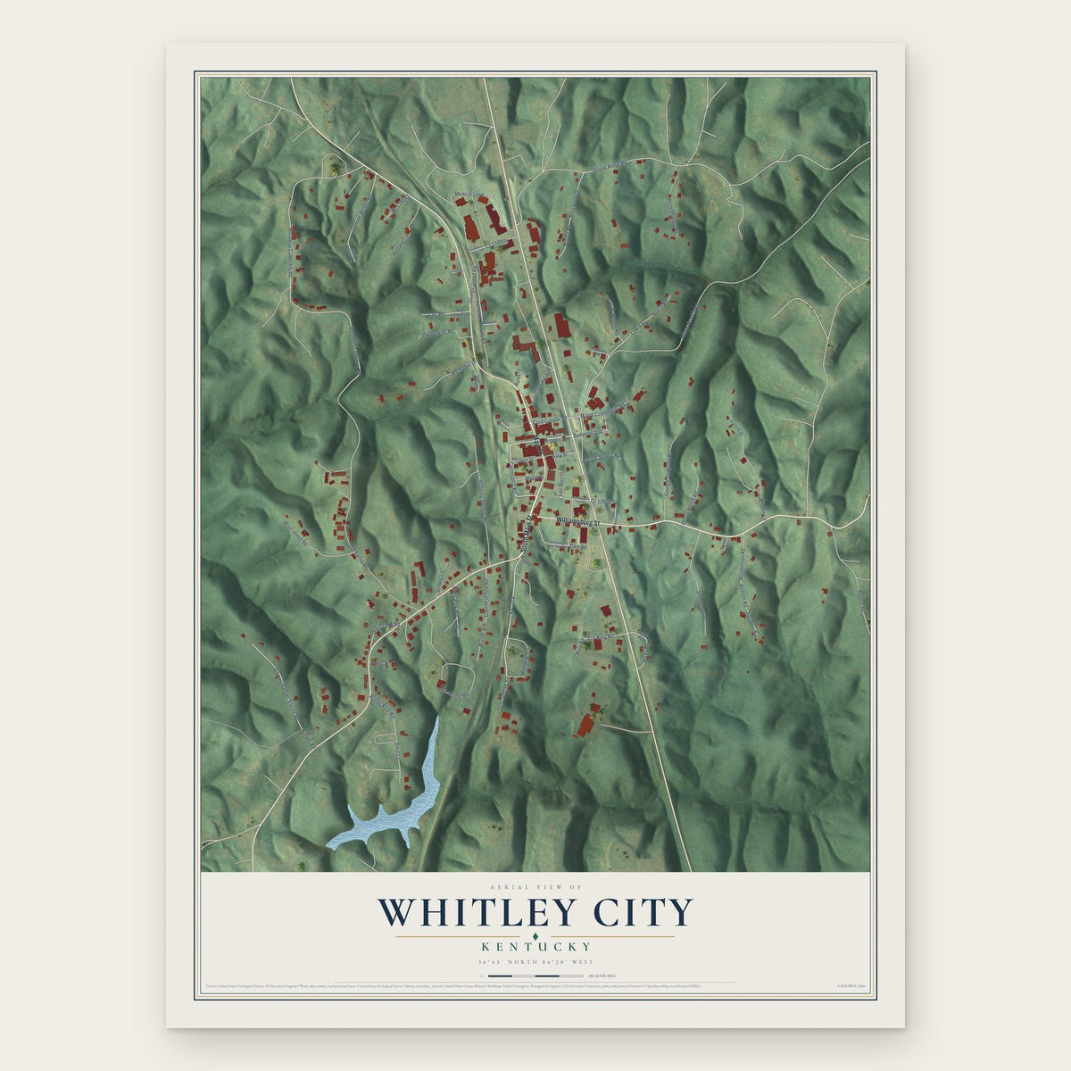 Whitley City, Kentucky map print, the full design