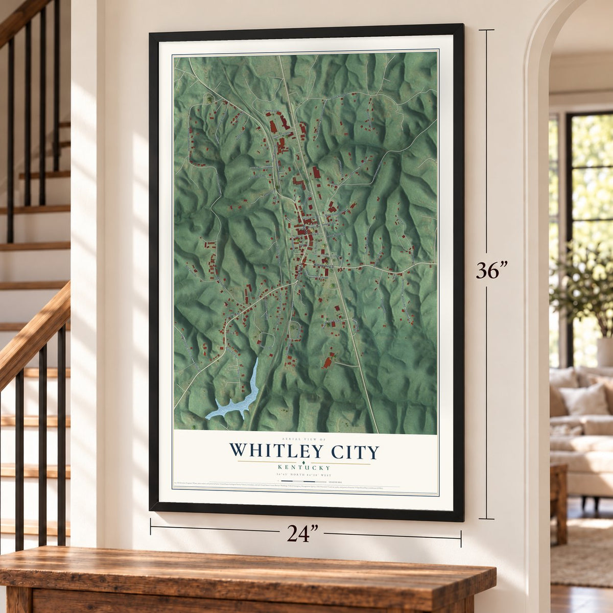 Whitley City, Kentucky map, 24 x 36 inch print in a black frame by a staircase