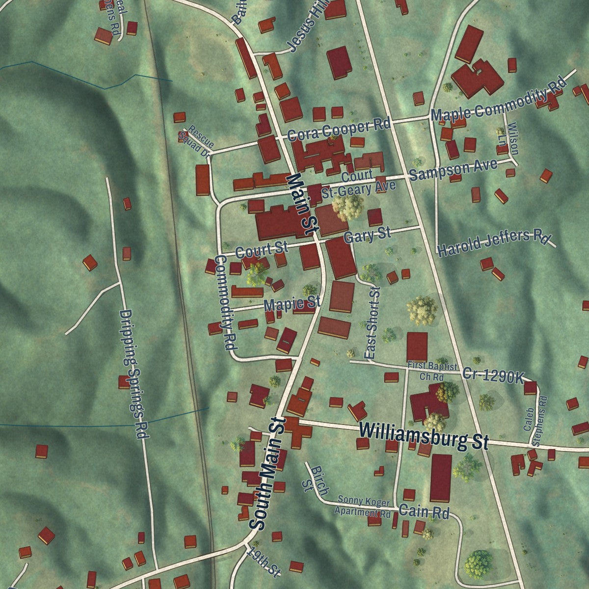 Close-up of the map of Whitley City, Kentucky print showing street and building detail