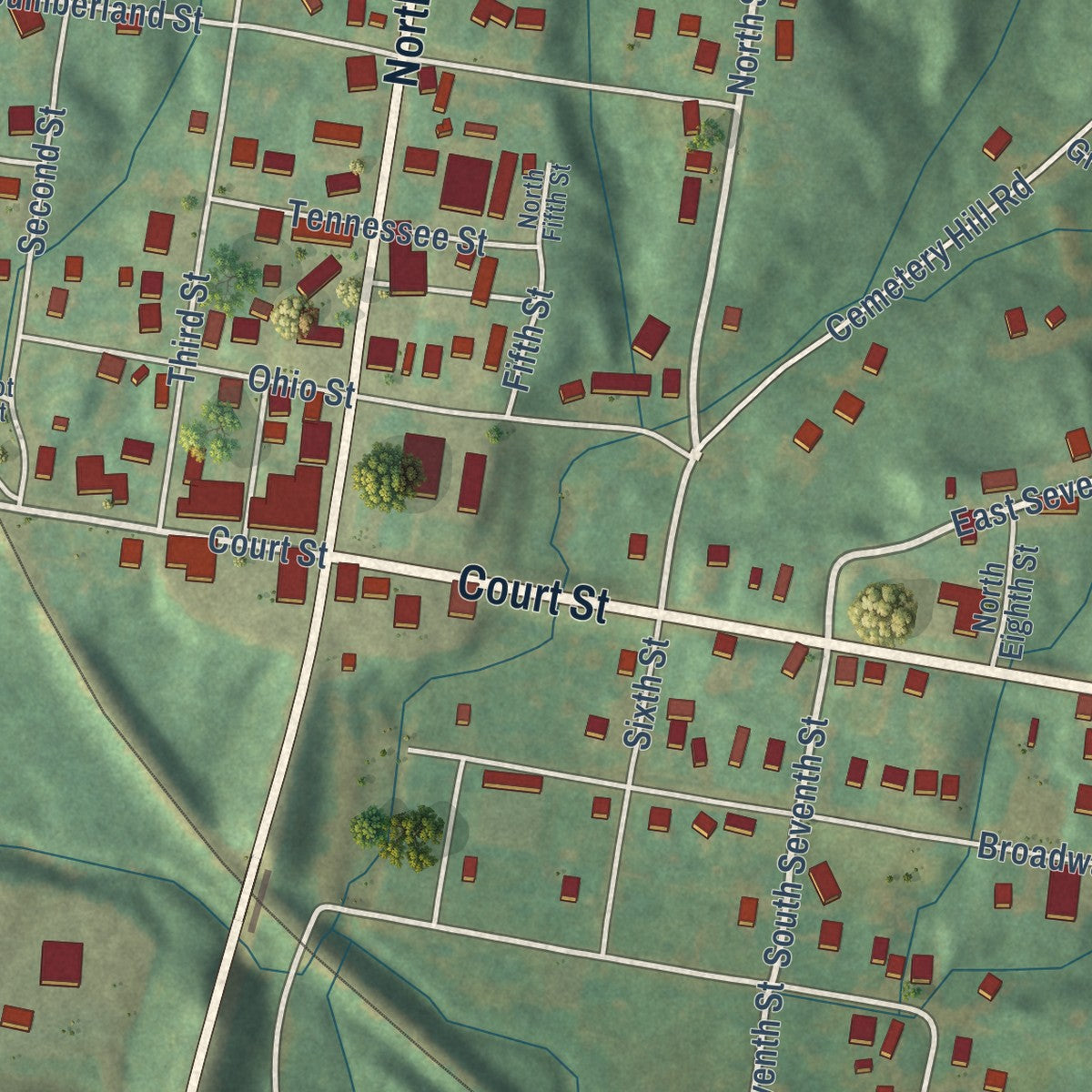 Second close-up of the map of Wickliffe, Kentucky print showing more streets and buildings