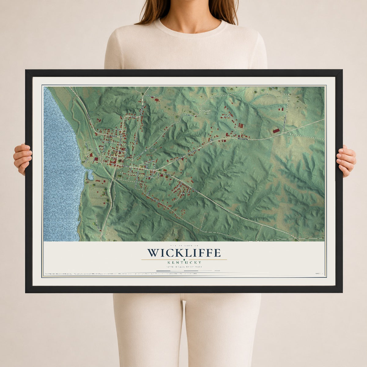 Map of Wickliffe, Kentucky, 24 x 36 inch print in a black wood frame