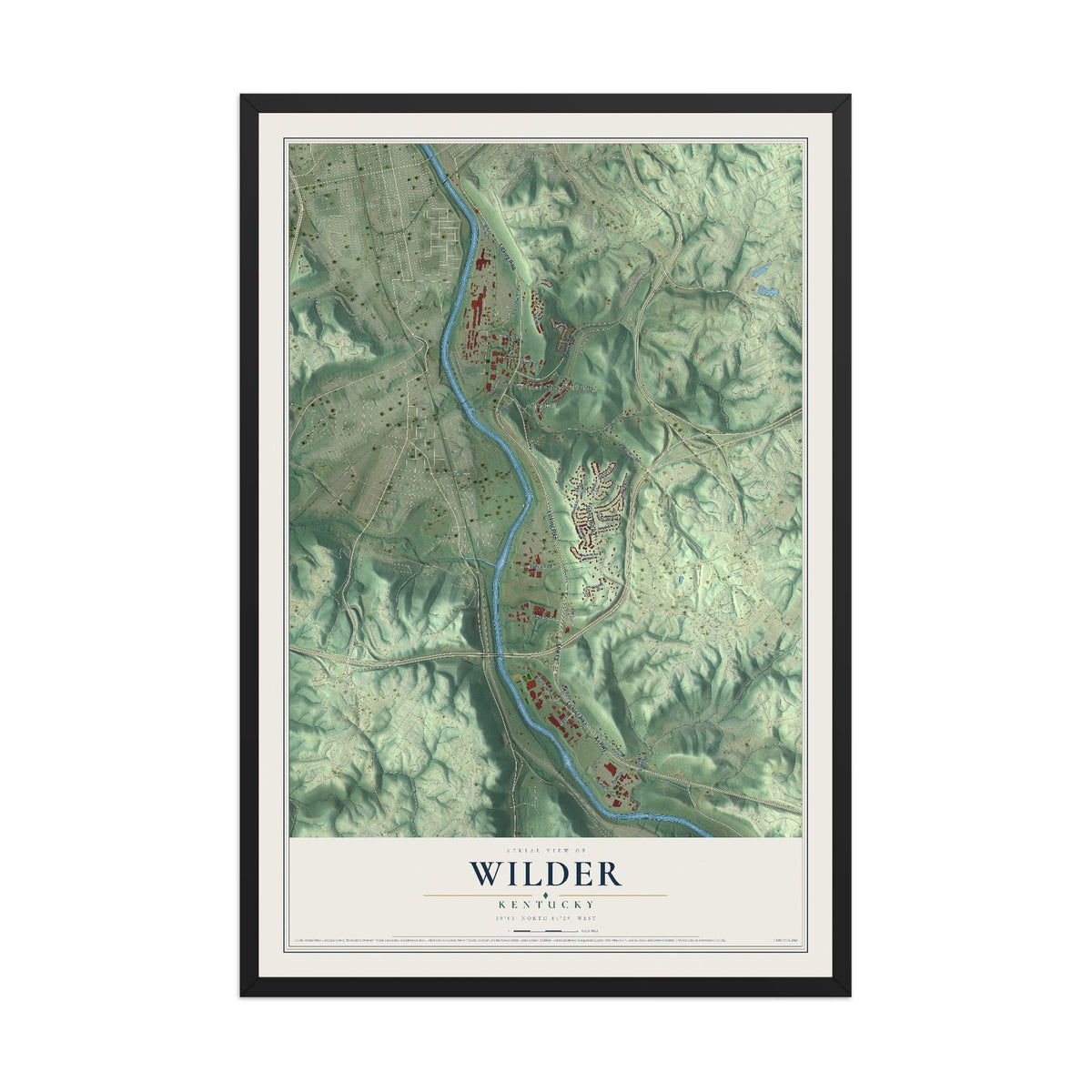 Map of Wilder, Kentucky, 12 x 18 inch print in a black wood frame