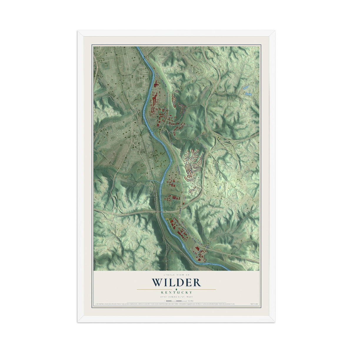Map of Wilder, Kentucky, 12 x 18 inch print in a white wood frame