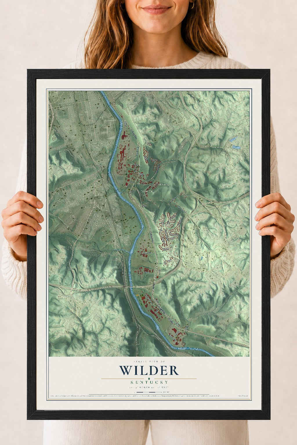 Map of Wilder, Kentucky, 18 x 24 inch print in a black wood frame