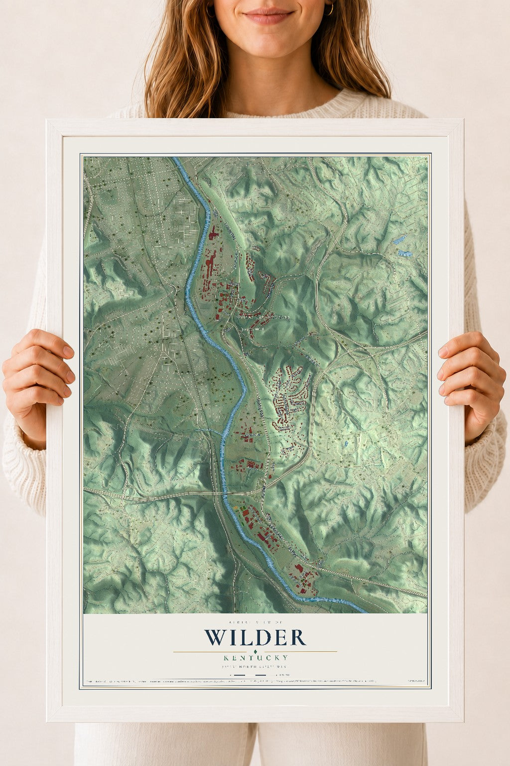 Map of Wilder, Kentucky, 18 x 24 inch print in a white wood frame