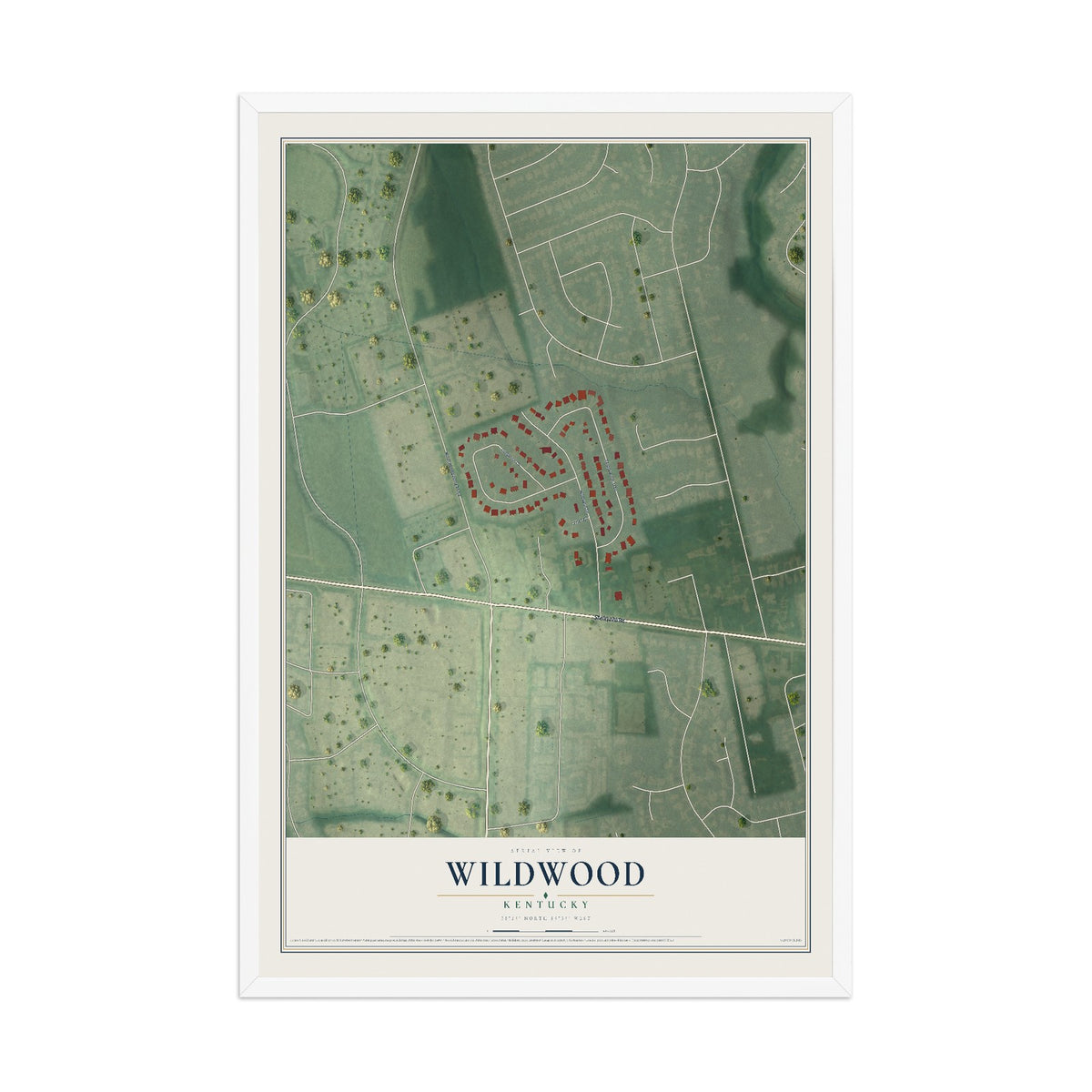 Map of Wildwood, Kentucky, 12 x 18 inch print in a white wood frame