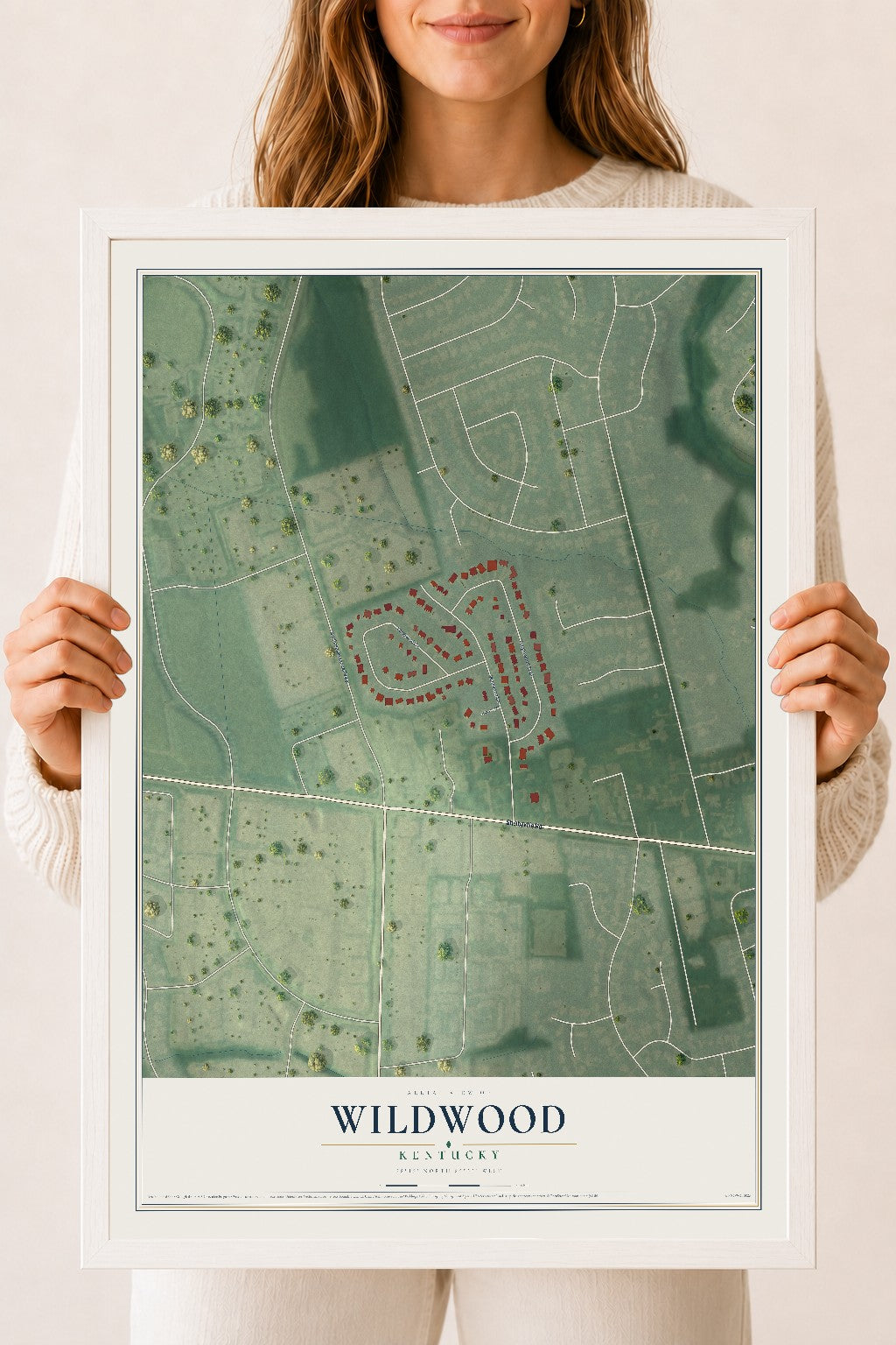 Map of Wildwood, Kentucky, 18 x 24 inch print in a white wood frame