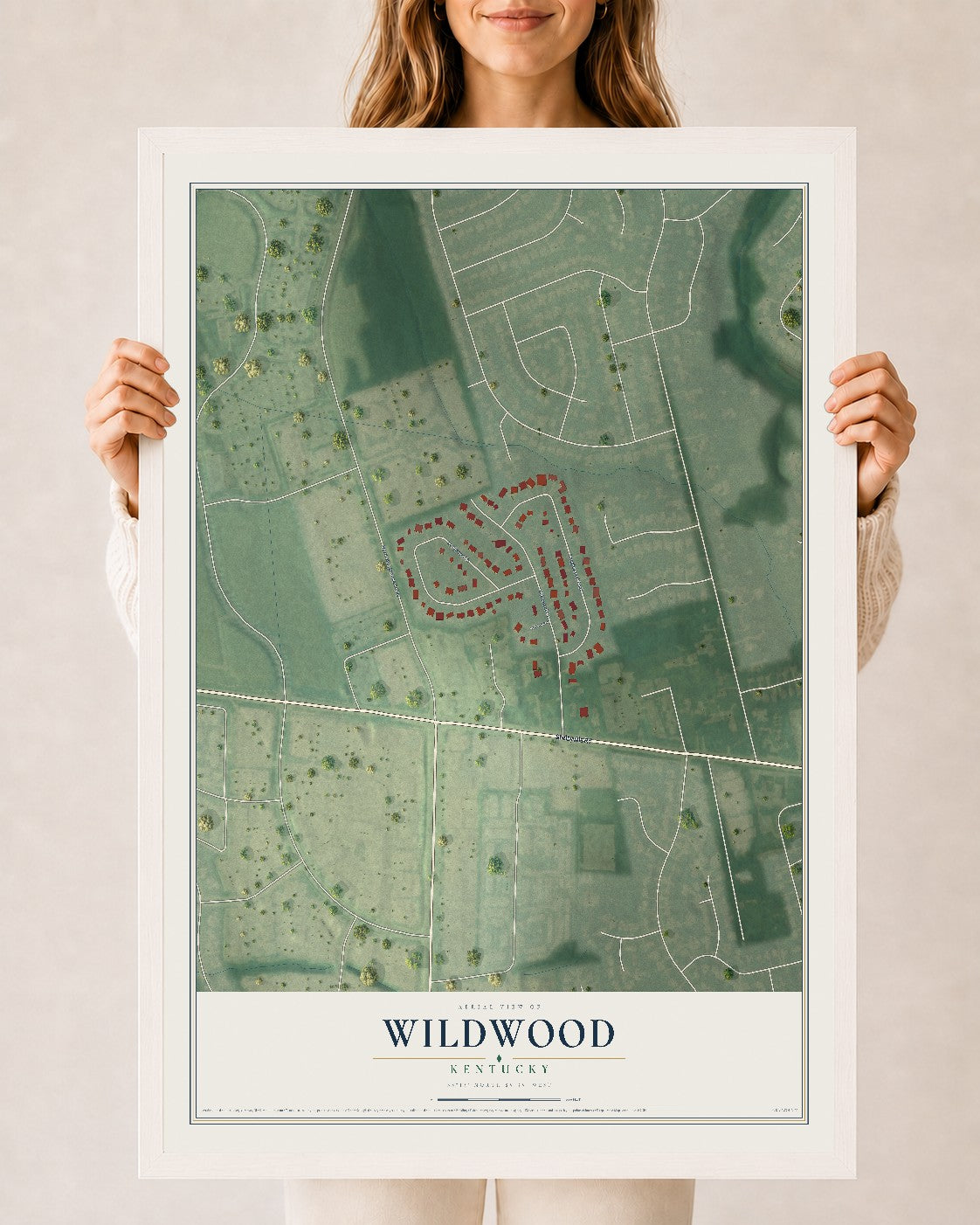 Map of Wildwood, Kentucky, 24 x 36 inch print in a white wood frame