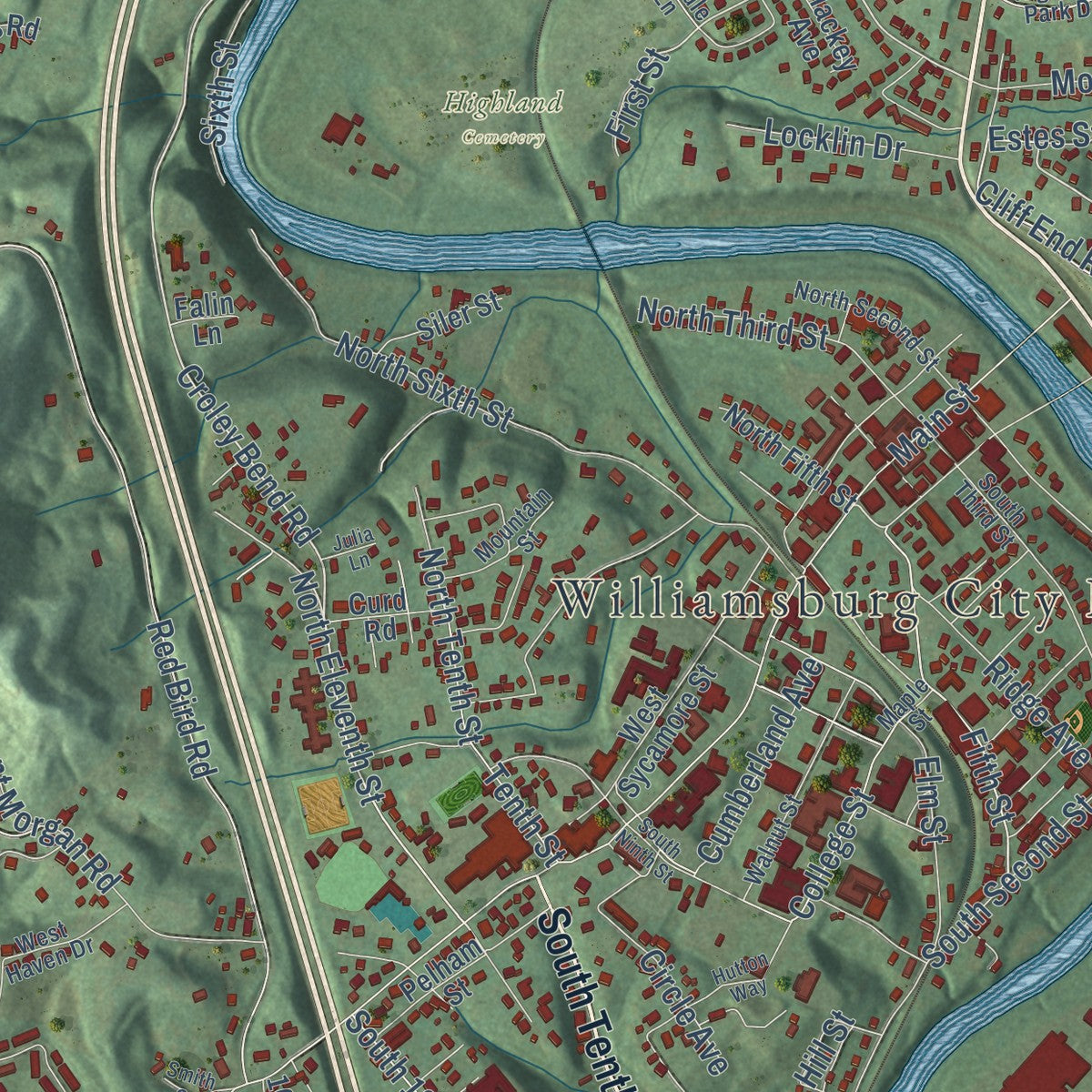 Close-up of the map of Williamsburg, Kentucky print showing street and building detail