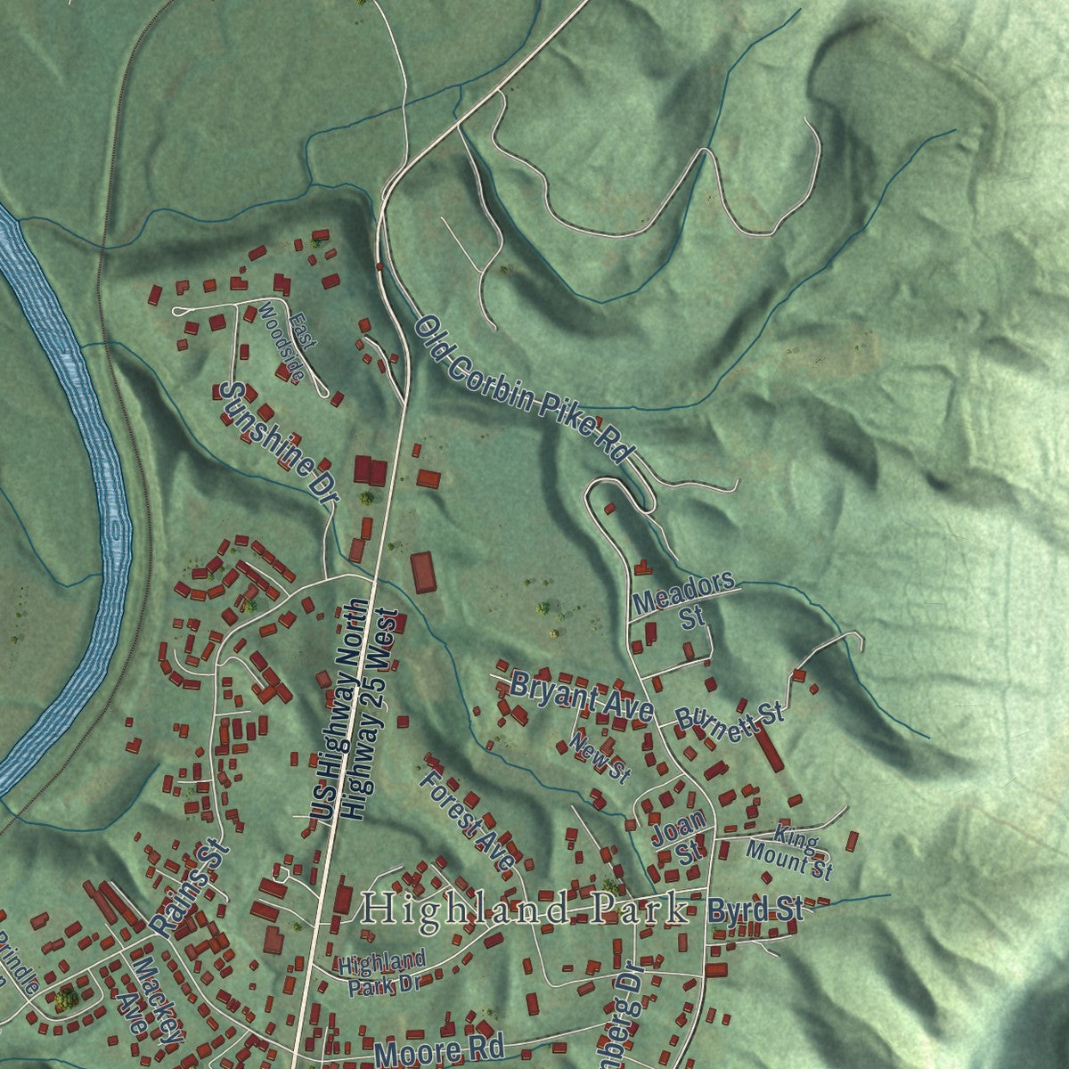 Second close-up of the map of Williamsburg, Kentucky print showing more streets and buildings