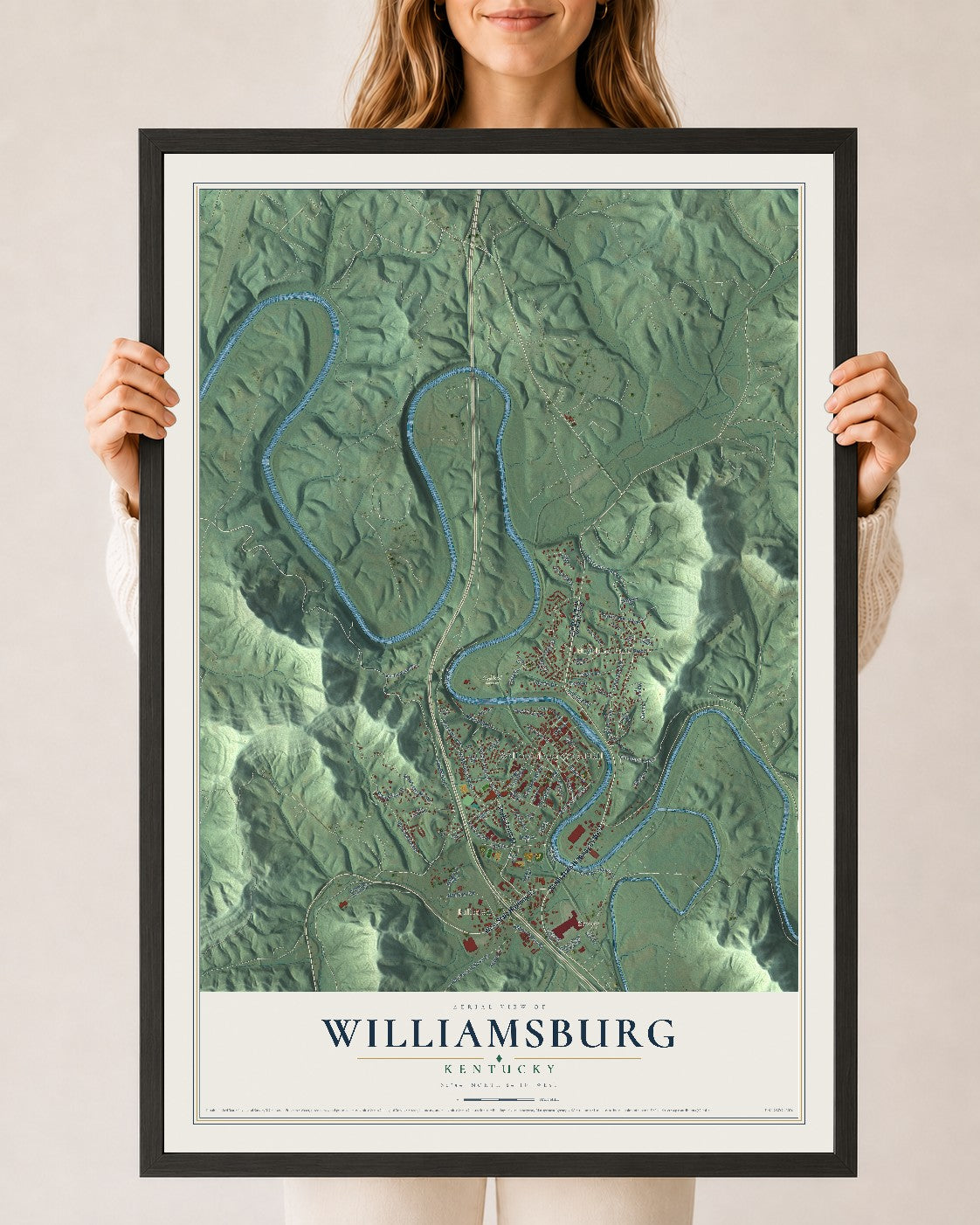 Map of Williamsburg, Kentucky, 24 x 36 inch print in a black wood frame