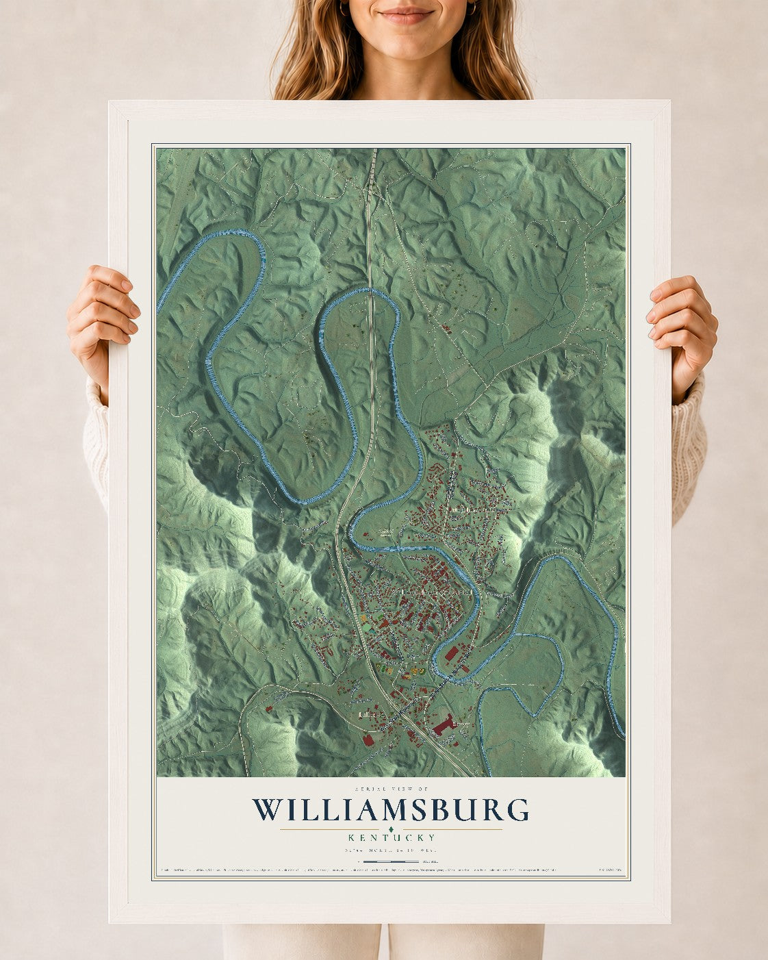 Map of Williamsburg, Kentucky, 24 x 36 inch print in a white wood frame