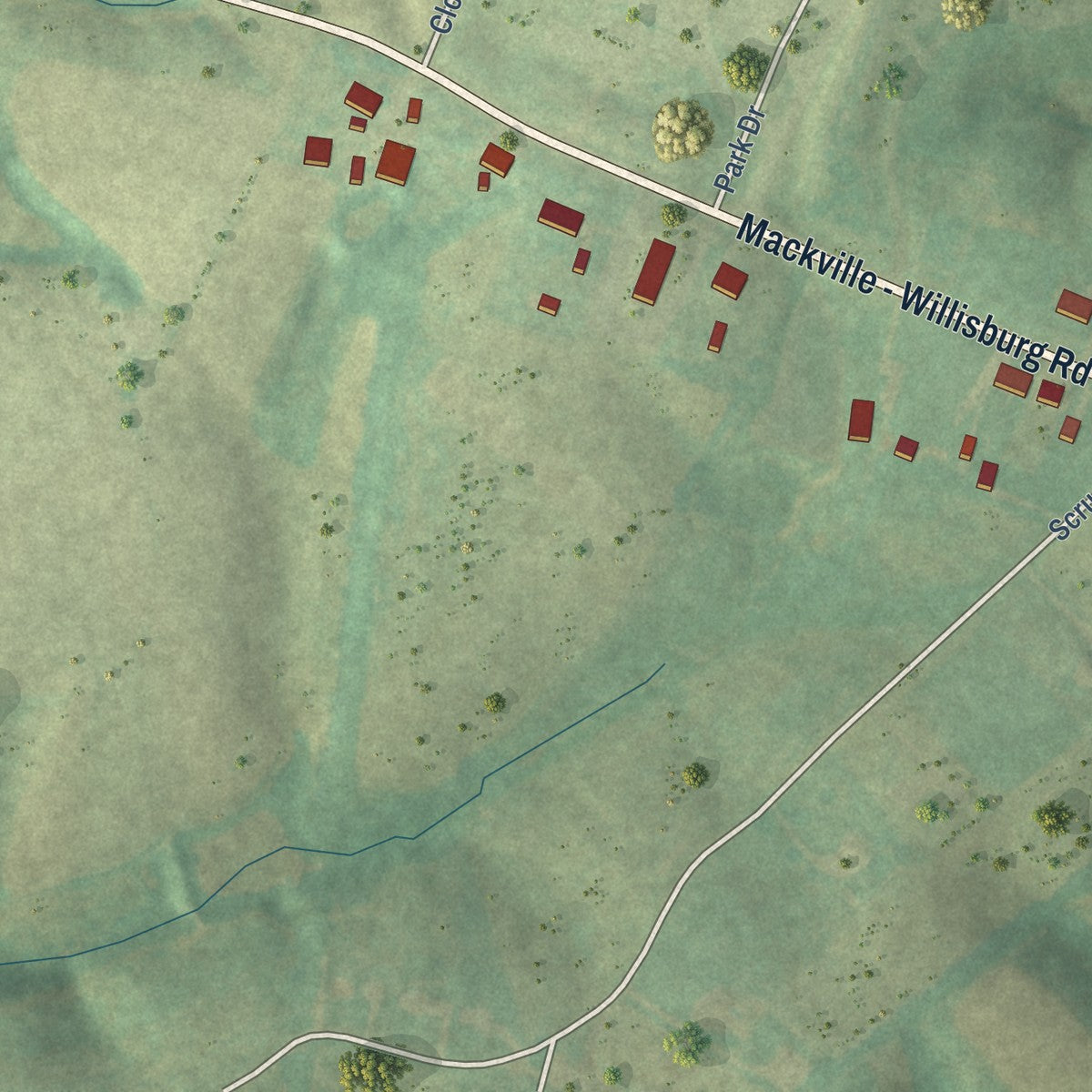 Second close-up of the map of Willisburg, Kentucky print showing more streets and buildings