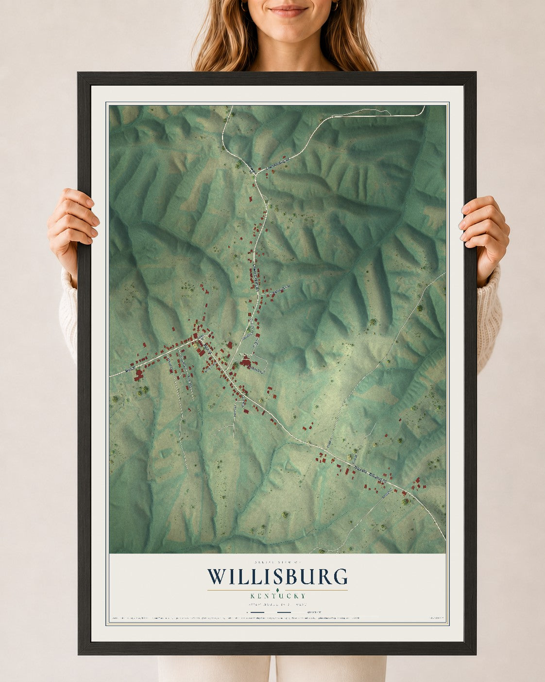 Map of Willisburg, Kentucky, 24 x 36 inch print in a black wood frame