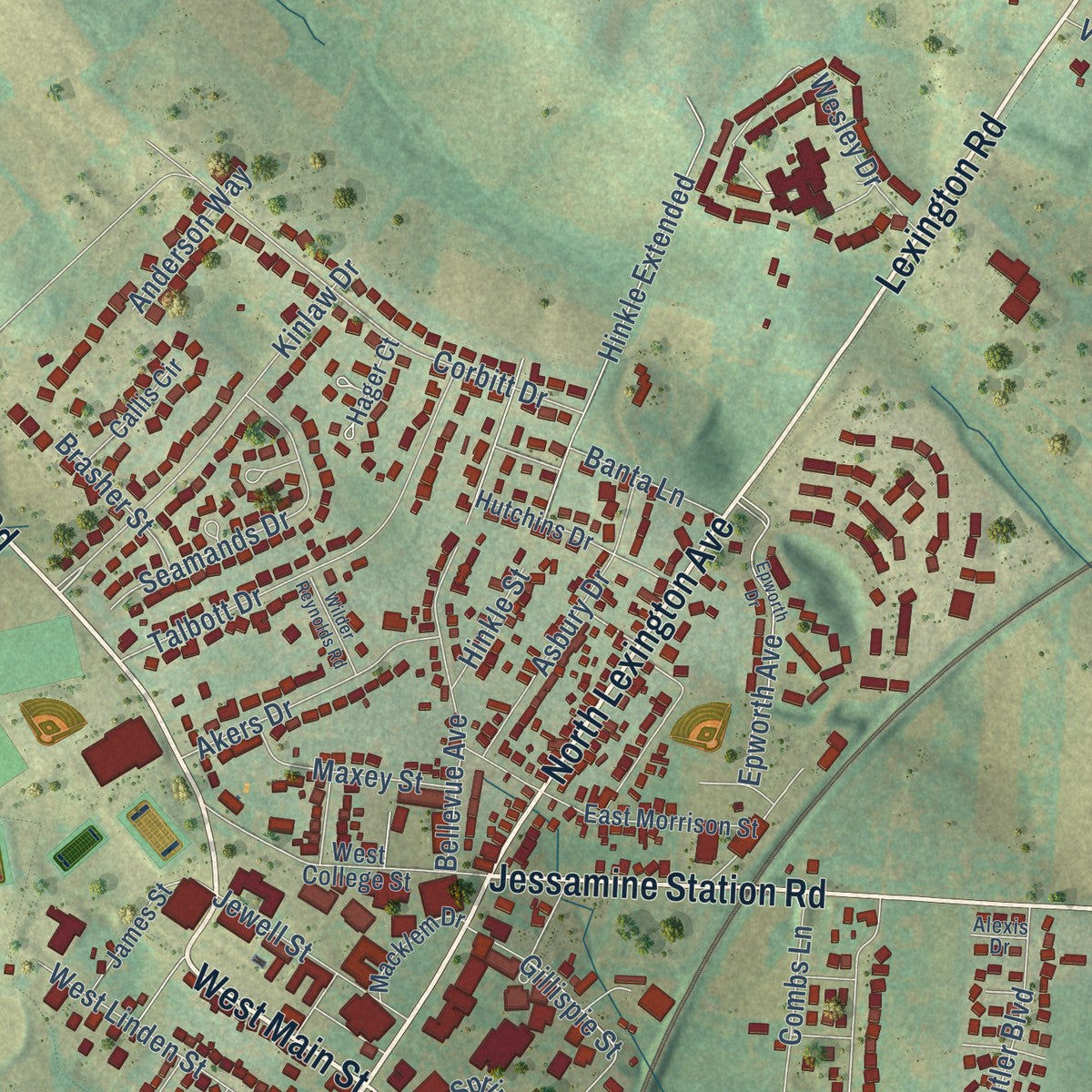 Close-up of the map of Wilmore, Kentucky print showing street and building detail