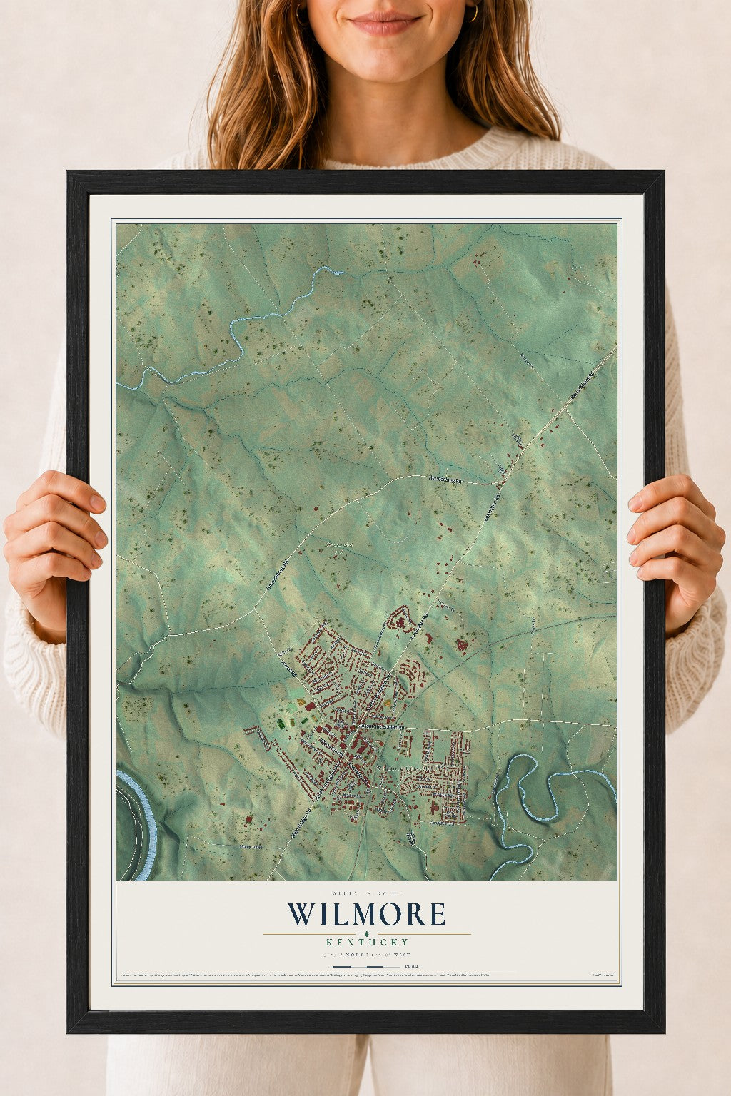 Map of Wilmore, Kentucky, 18 x 24 inch print in a black wood frame