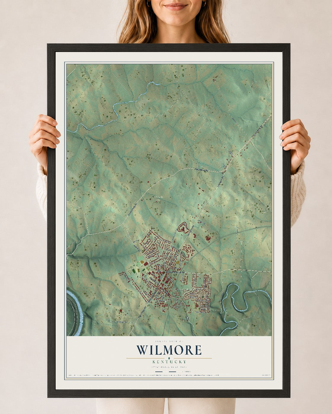 Map of Wilmore, Kentucky, 24 x 36 inch print in a black wood frame
