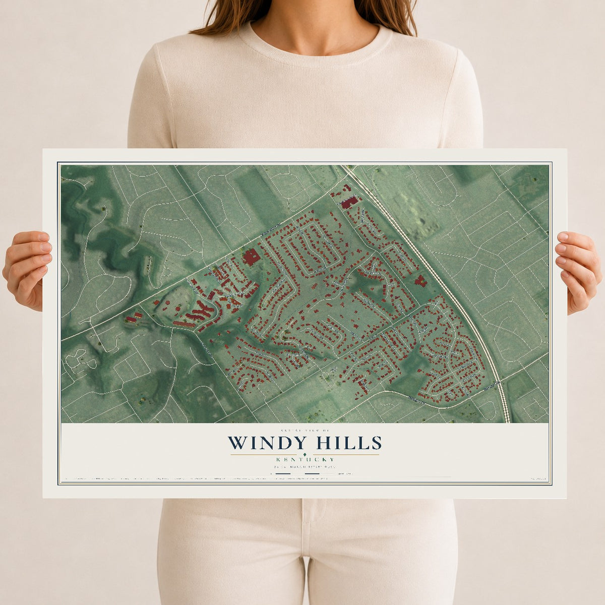 Map of Windy Hills, Kentucky, 12 x 18 inch unframed archival matte print