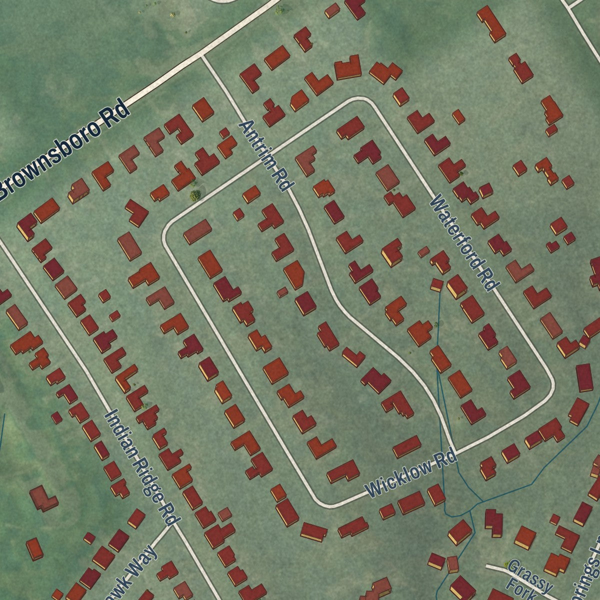 Second close-up of the map of Windy Hills, Kentucky print showing more streets and buildings