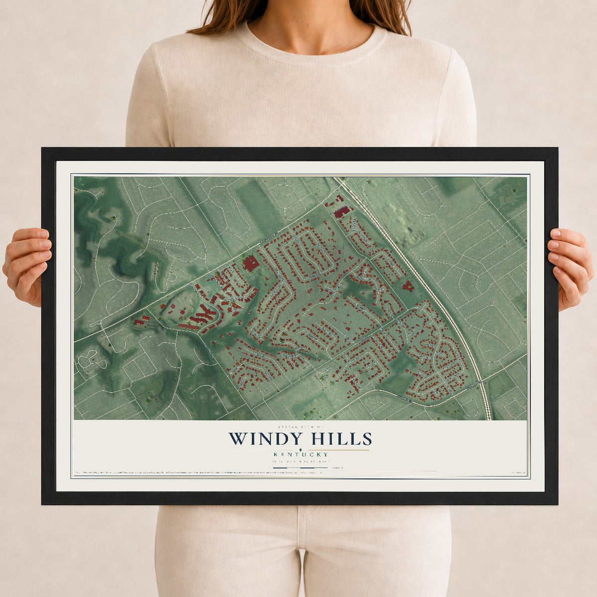 Map of Windy Hills, Kentucky, 12 x 18 inch print in a black wood frame