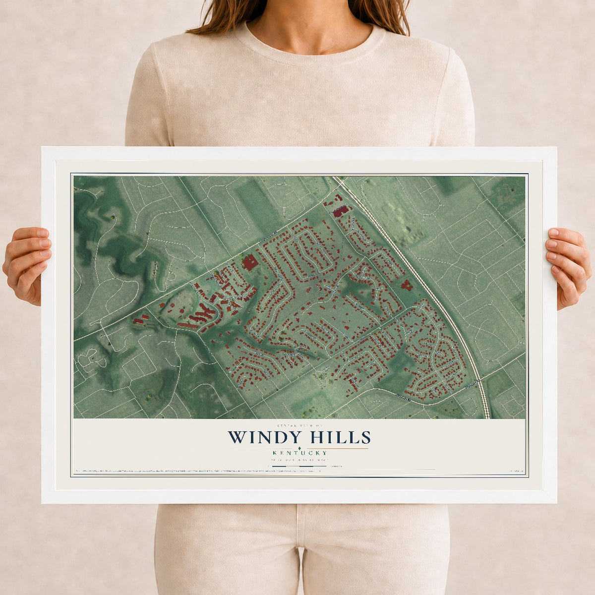 Map of Windy Hills, Kentucky, 12 x 18 inch print in a white wood frame