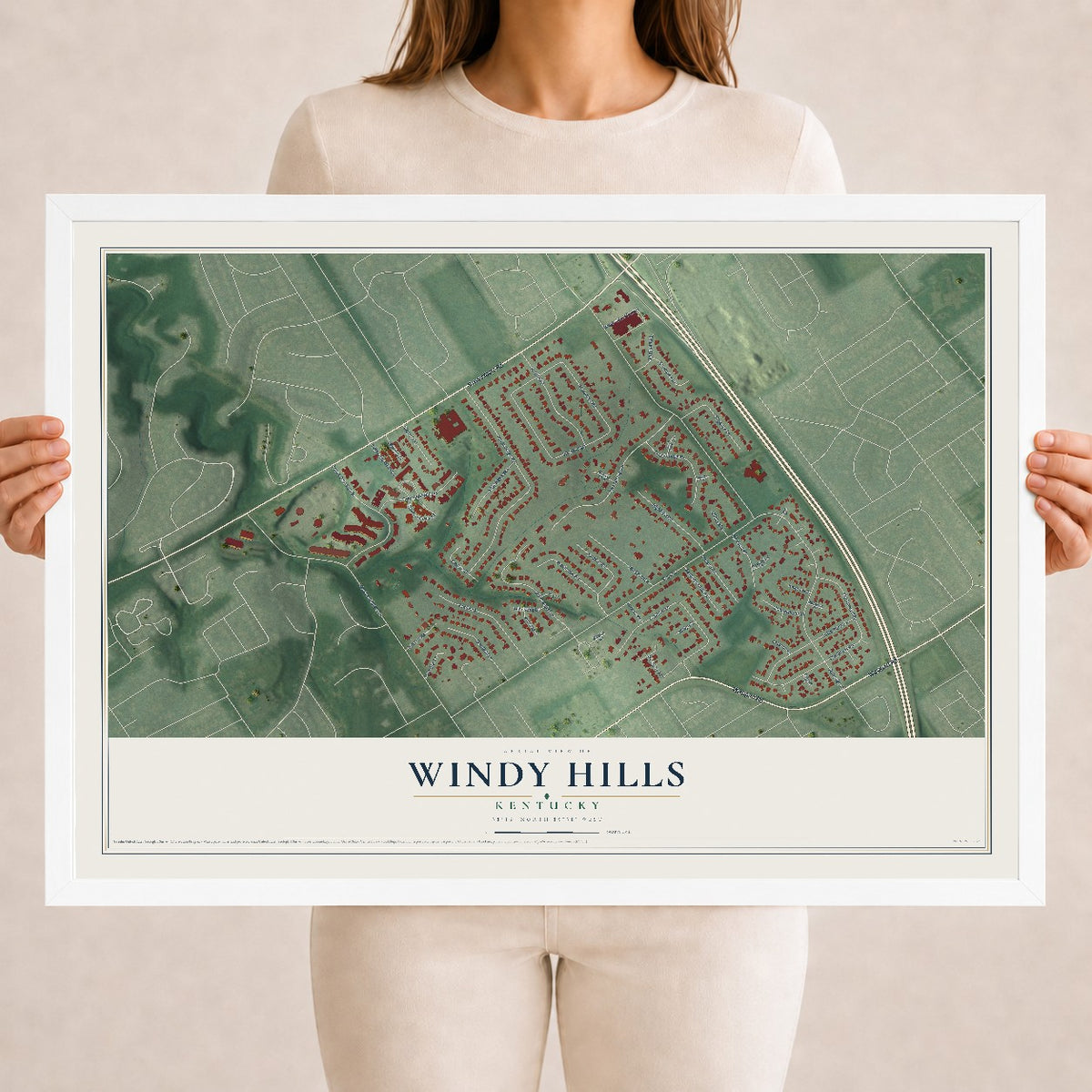 Map of Windy Hills, Kentucky, 18 x 24 inch print in a white wood frame