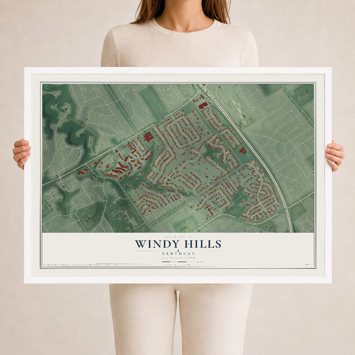 Map of Windy Hills, Kentucky, 24 x 36 inch print in a white wood frame
