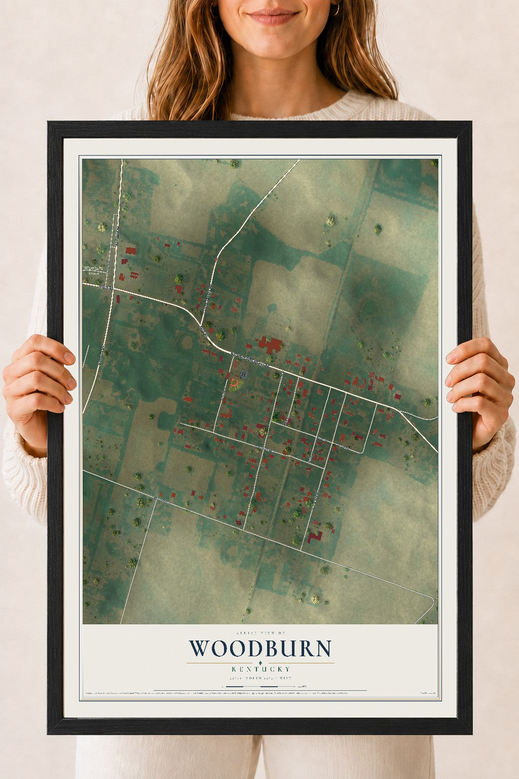 Map of Woodburn, Kentucky, 18 x 24 inch print in a black wood frame