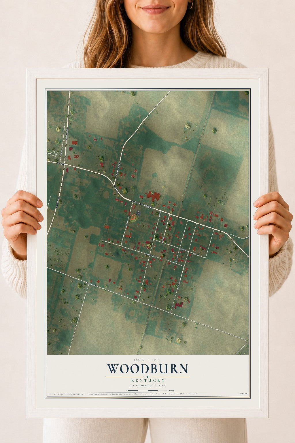 Map of Woodburn, Kentucky, 18 x 24 inch print in a white wood frame