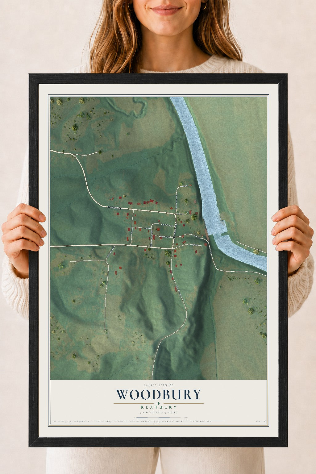 Map of Woodbury, Kentucky, 18 x 24 inch print in a black wood frame