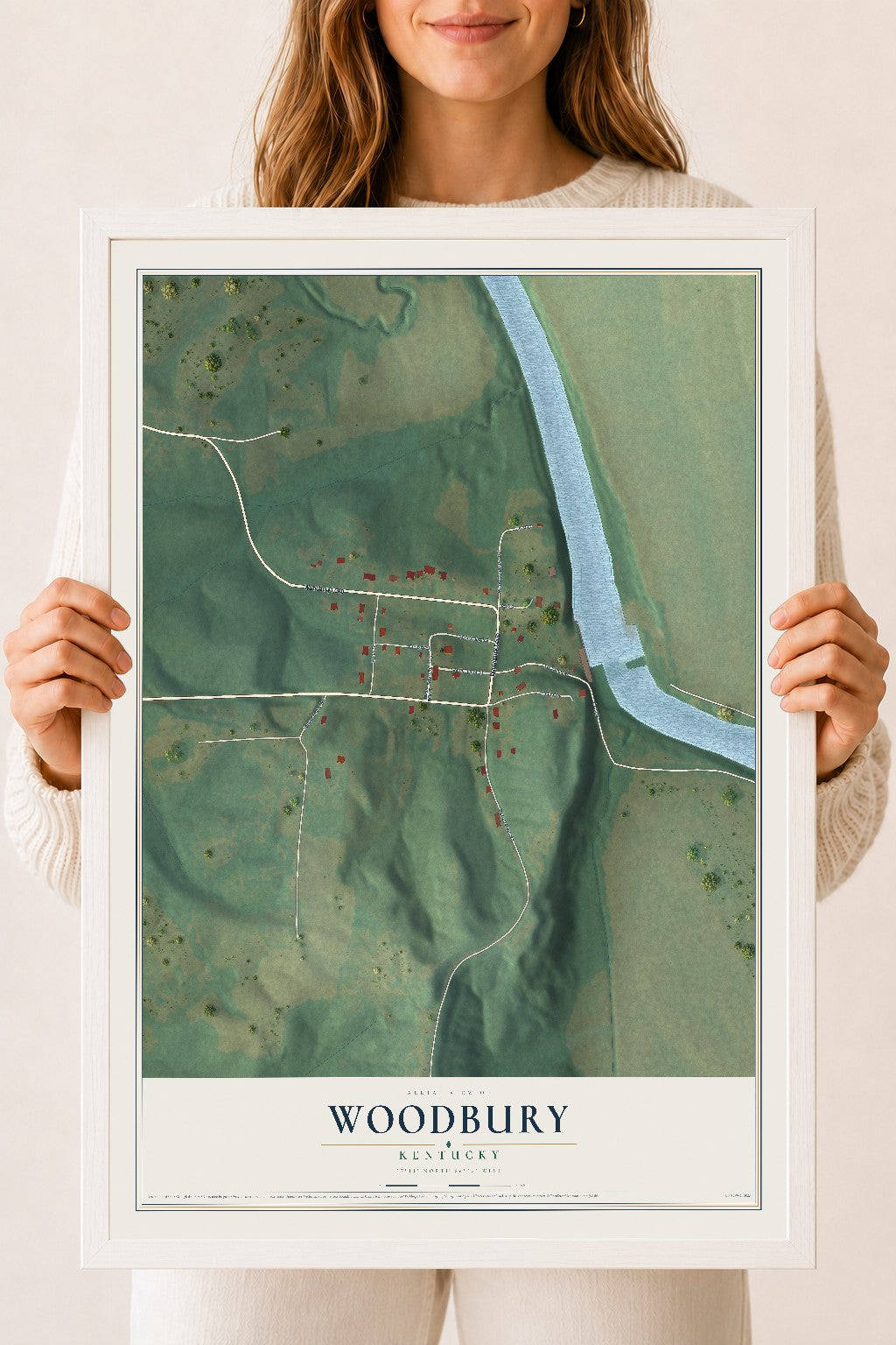Map of Woodbury, Kentucky, 18 x 24 inch print in a white wood frame