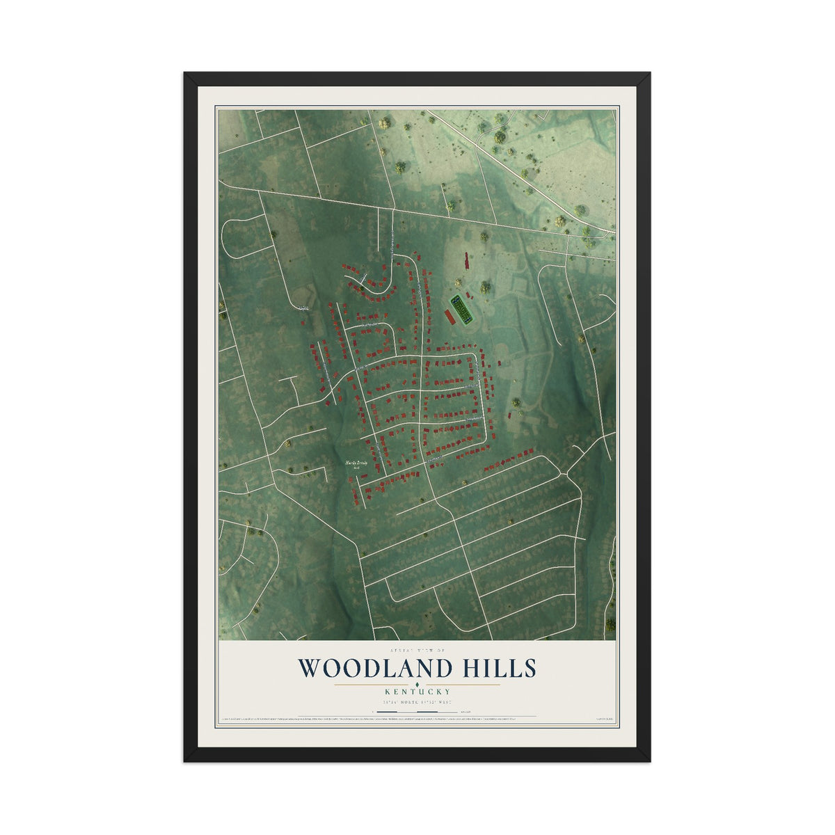 Map of Woodland Hills, Kentucky, 12 x 18 inch print in a black wood frame