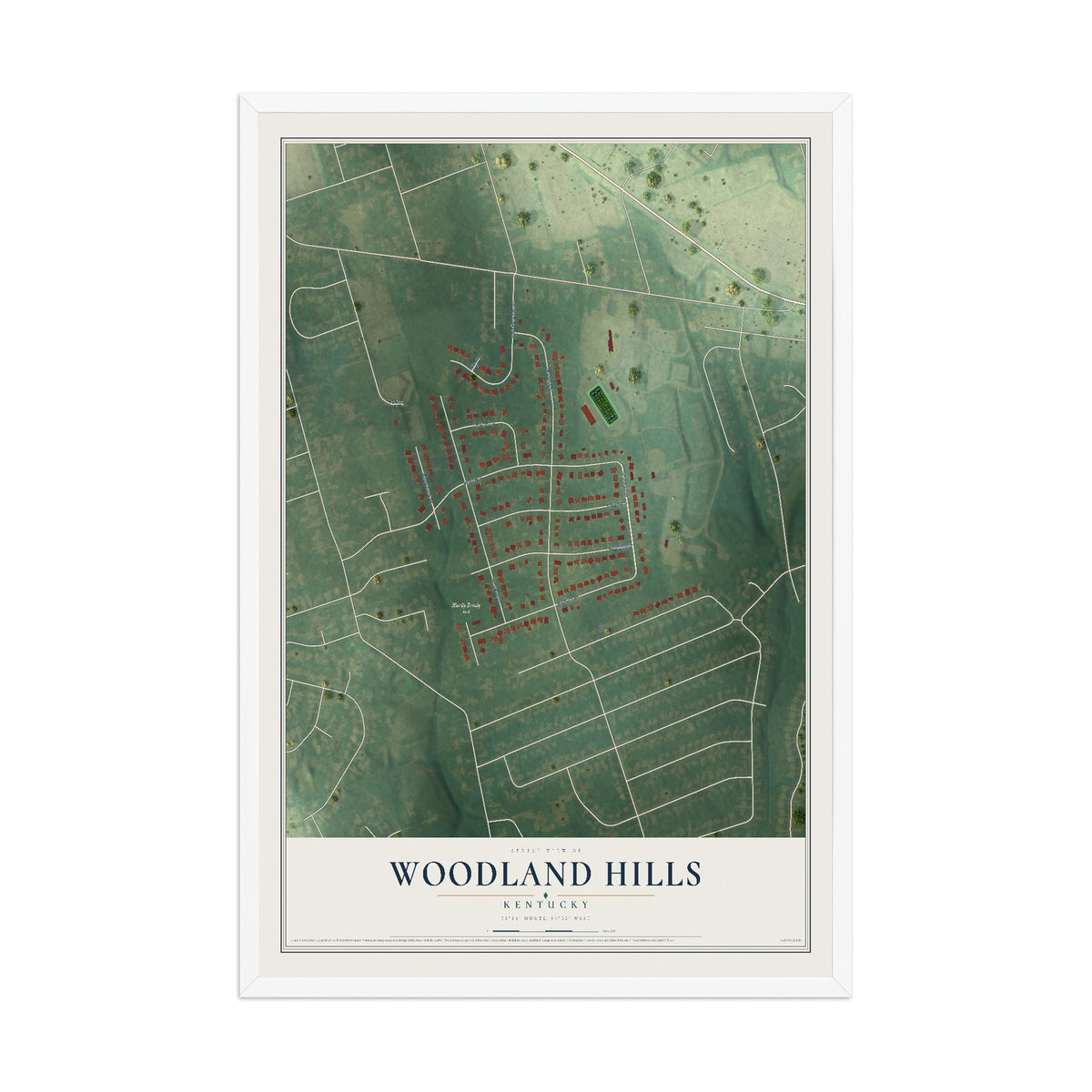Map of Woodland Hills, Kentucky, 12 x 18 inch print in a white wood frame