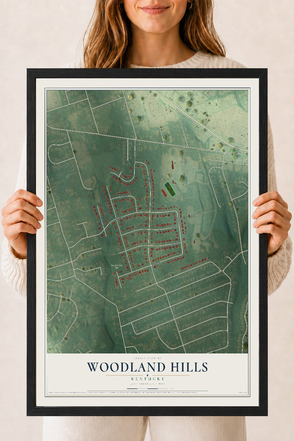 Map of Woodland Hills, Kentucky, 18 x 24 inch print in a black wood frame