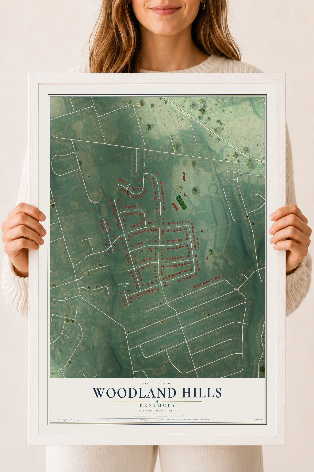 Map of Woodland Hills, Kentucky, 18 x 24 inch print in a white wood frame