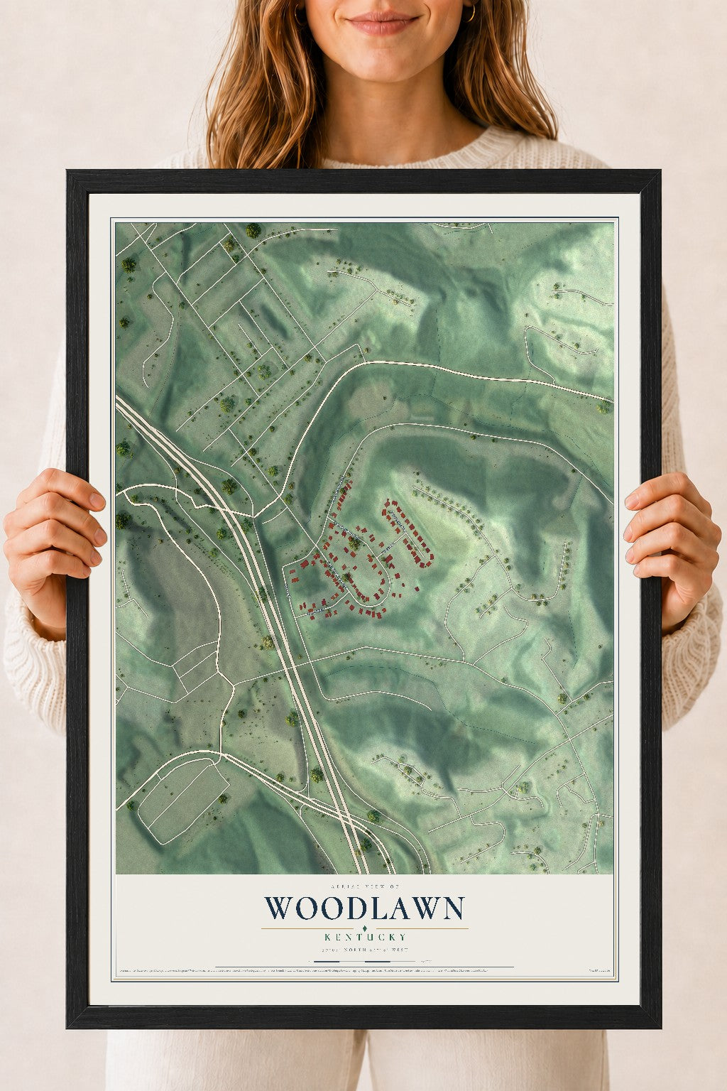 Map of Woodlawn, Kentucky, 18 x 24 inch print in a black wood frame