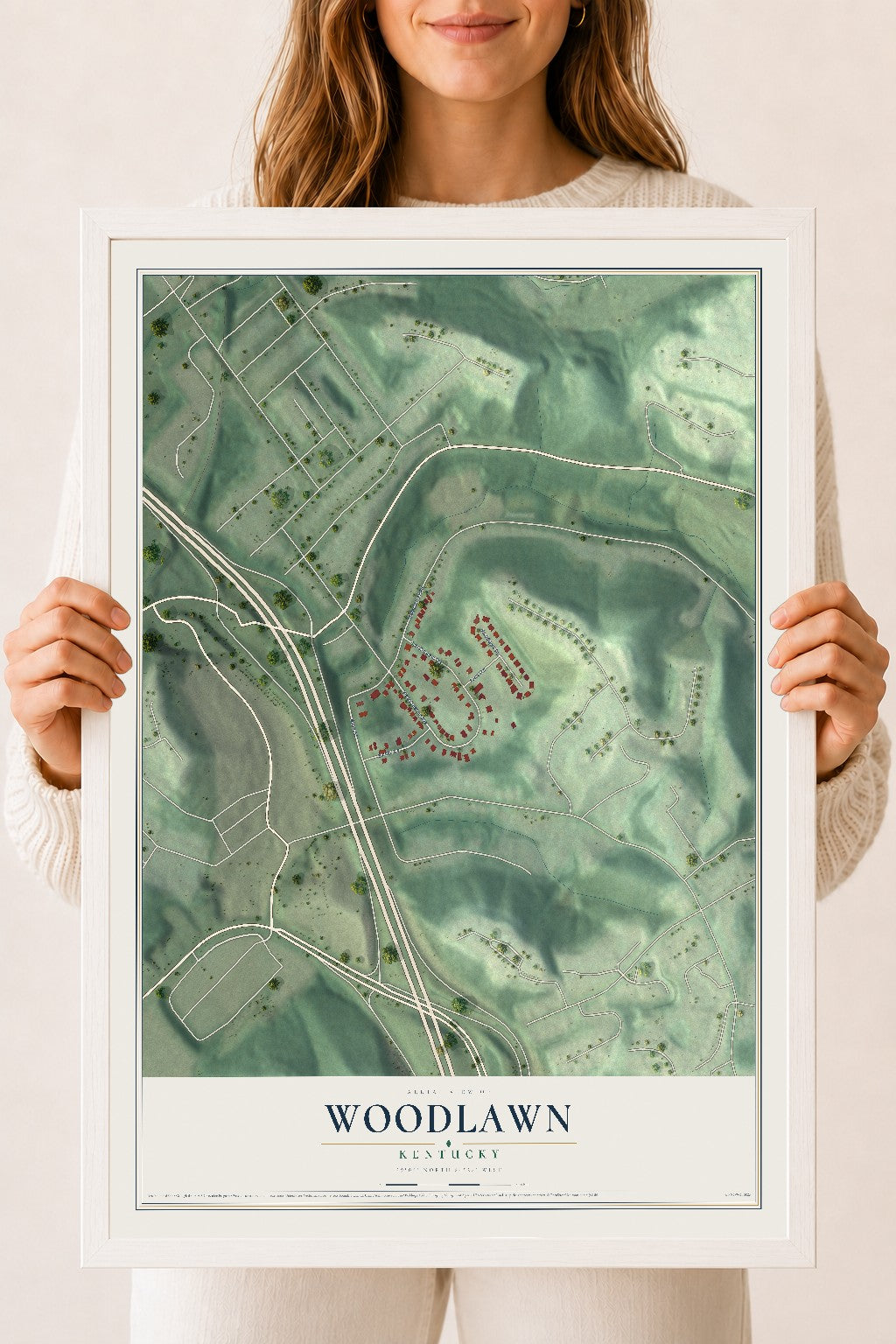 Map of Woodlawn, Kentucky, 18 x 24 inch print in a white wood frame