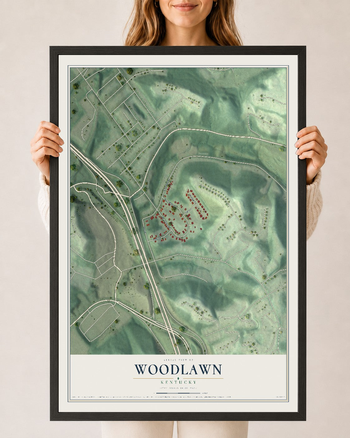 Map of Woodlawn, Kentucky, 24 x 36 inch print in a black wood frame