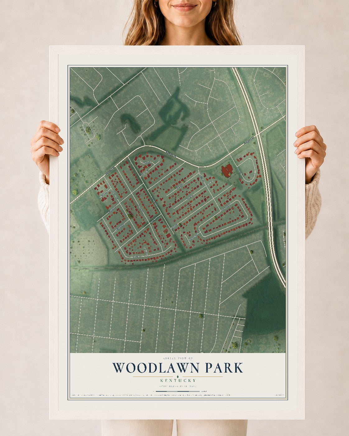 Map of Woodlawn Park, Kentucky, 24 x 36 inch print in a white wood frame