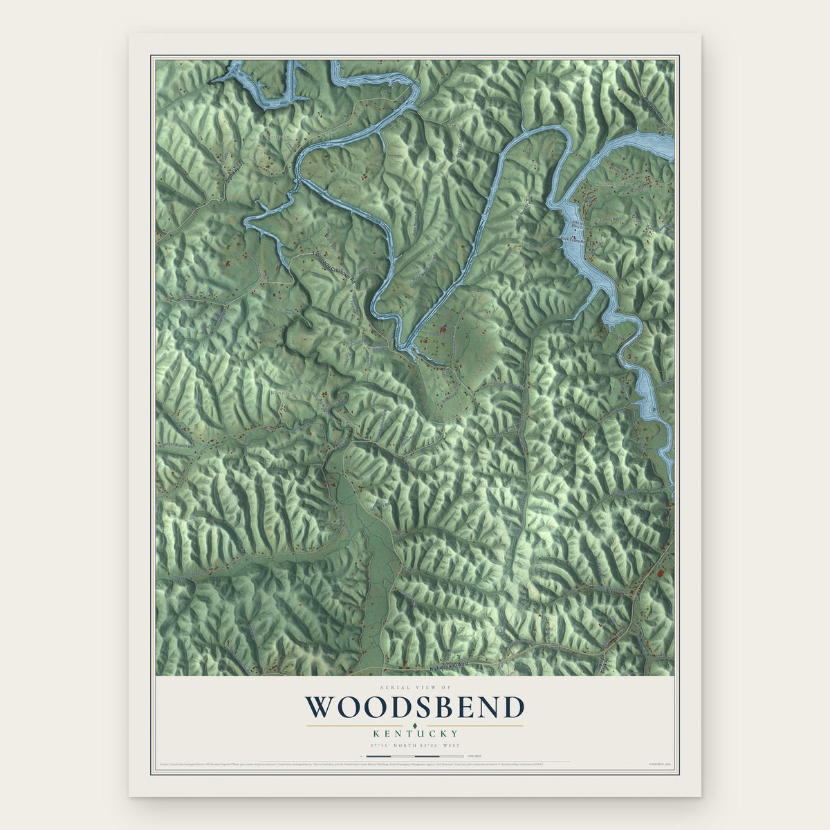 Woodsbend, Kentucky map print, the full design