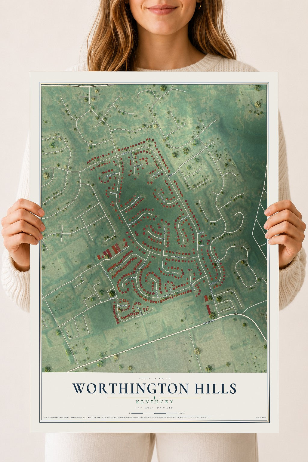 Map of Worthington Hills, Kentucky, 18 x 24 inch unframed archival matte print