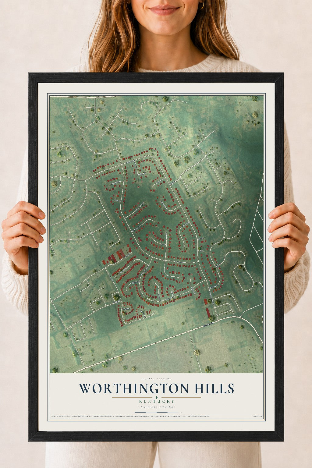 Map of Worthington Hills, Kentucky, 18 x 24 inch print in a black wood frame
