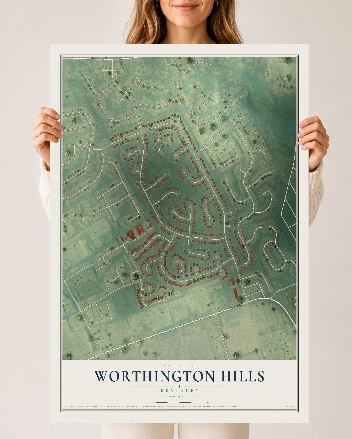 Map of Worthington Hills, Kentucky, 24 x 36 inch unframed archival matte print