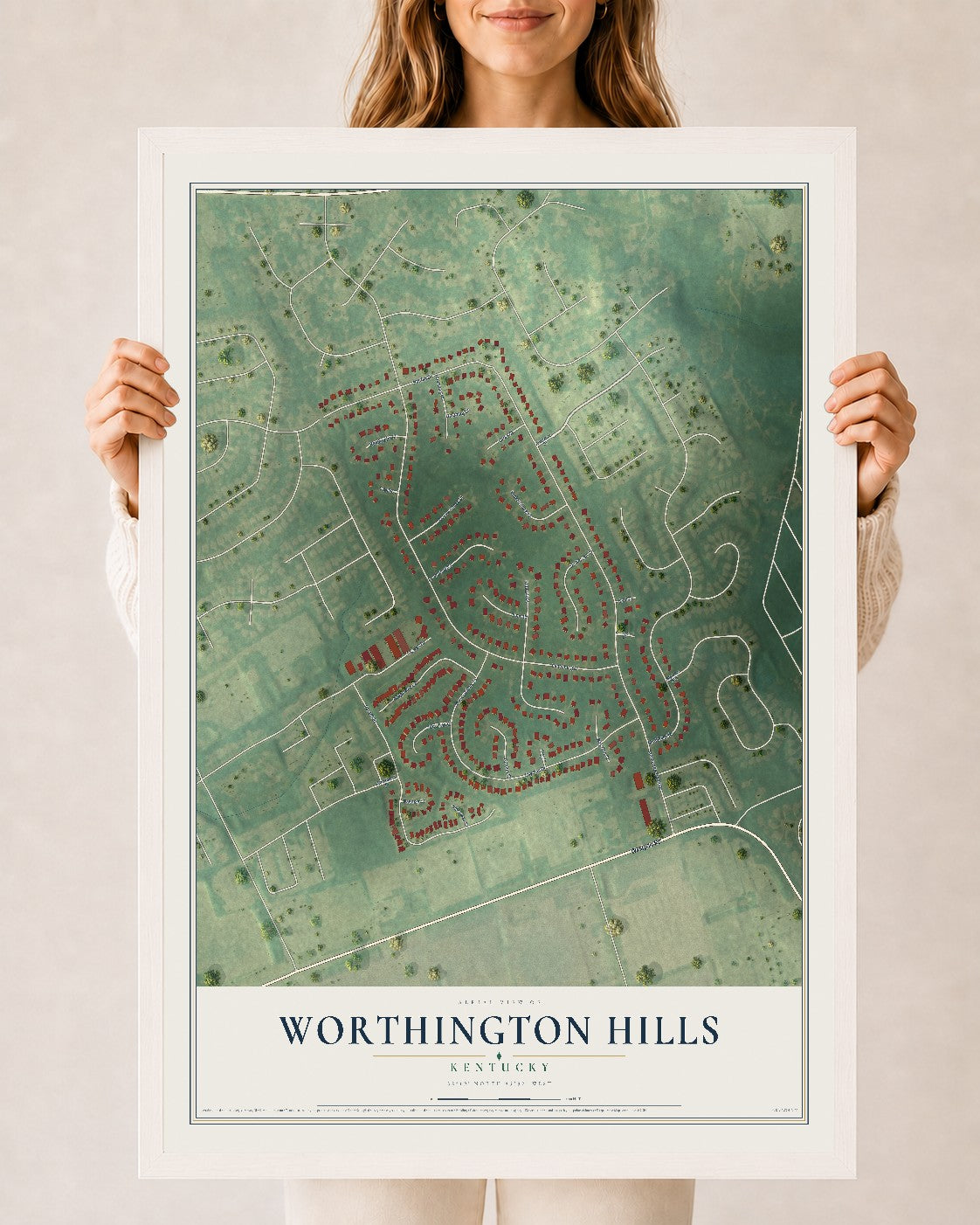 Map of Worthington Hills, Kentucky, 24 x 36 inch print in a white wood frame