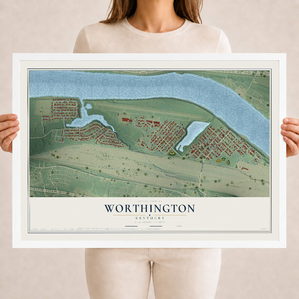 Map of Worthington, Kentucky, 18 x 24 inch print in a white wood frame