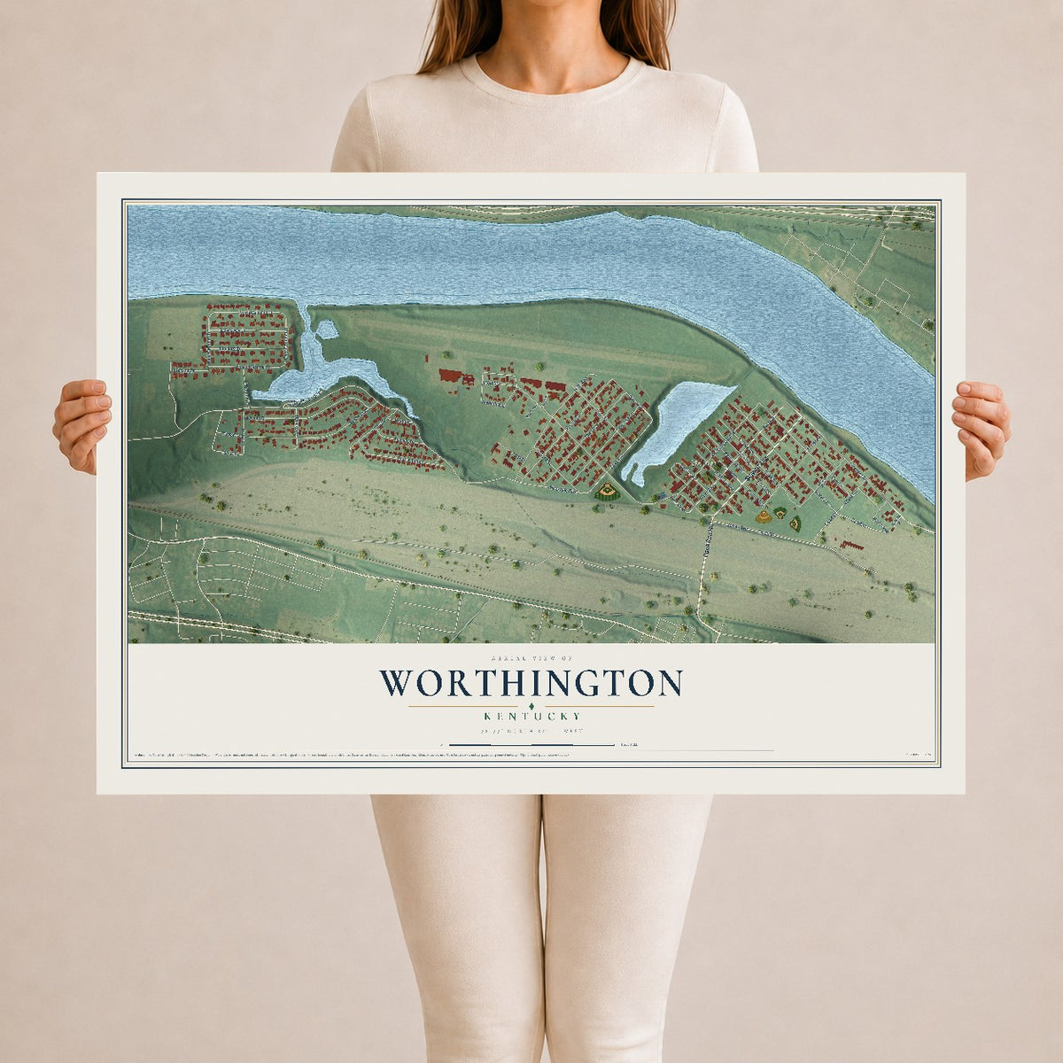 Map of Worthington, Kentucky, 24 x 36 inch unframed archival matte print