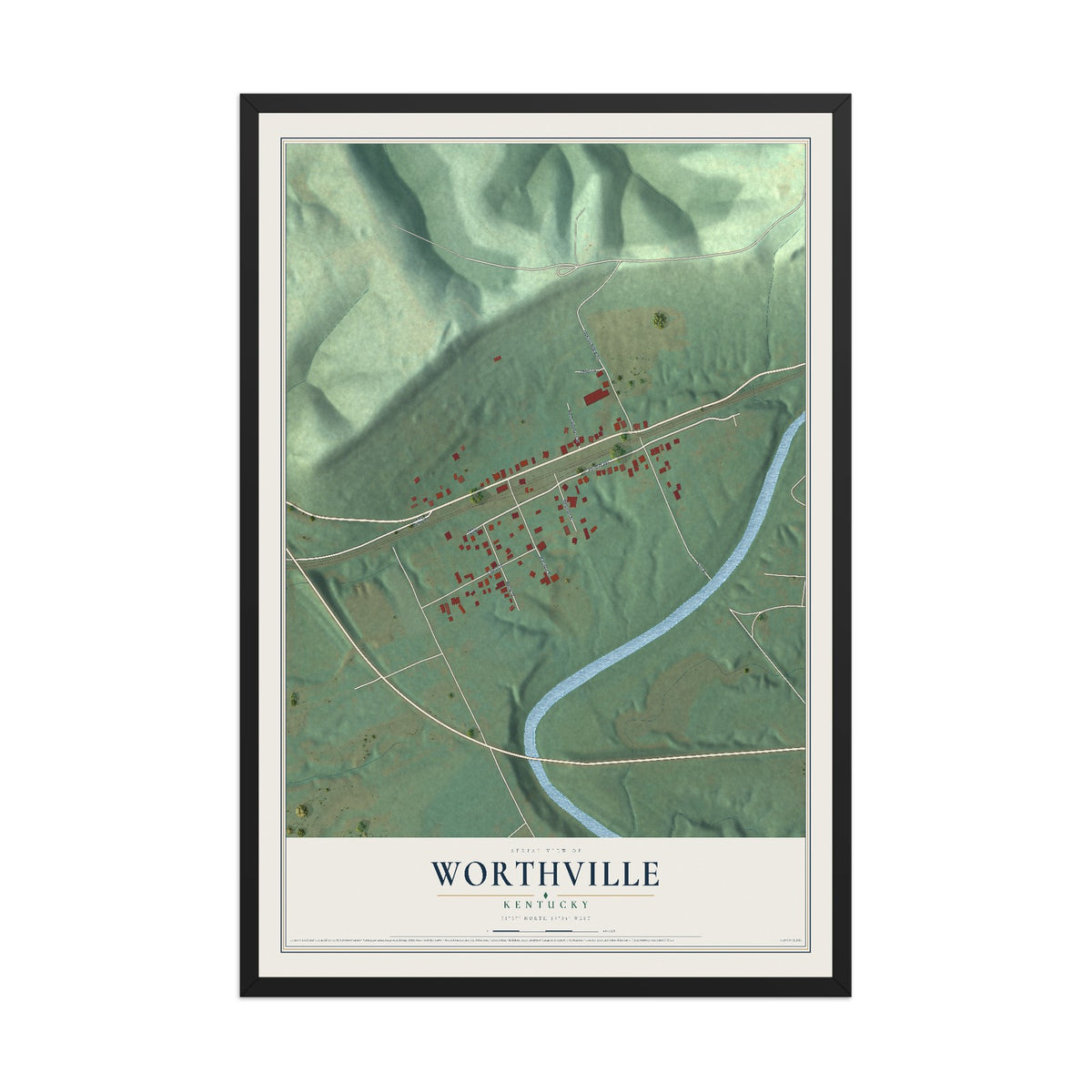 Map of Worthville, Kentucky, 12 x 18 inch print in a black wood frame
