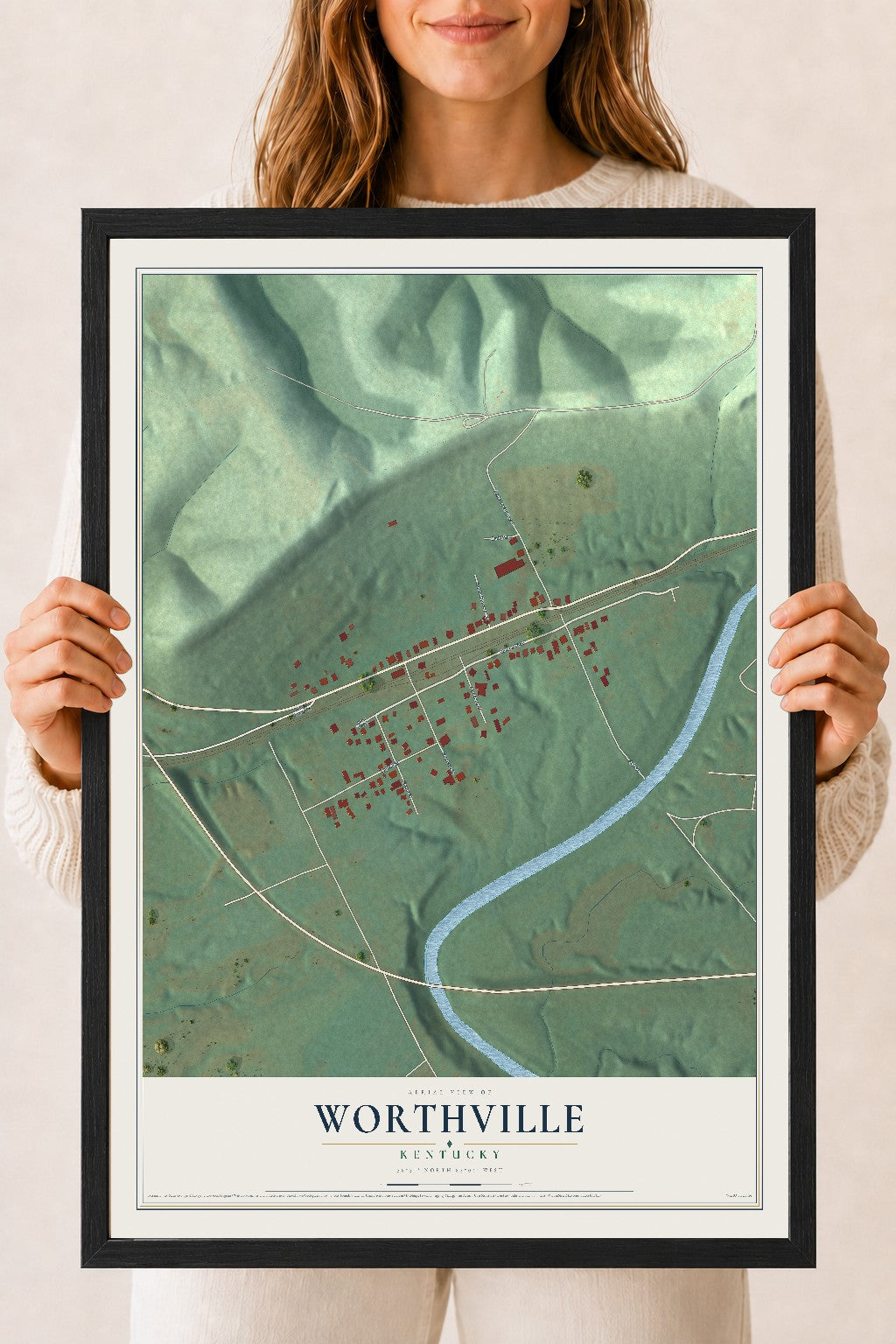 Map of Worthville, Kentucky, 18 x 24 inch print in a black wood frame