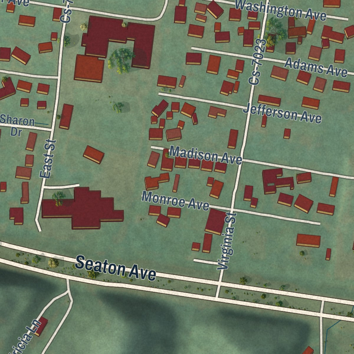 Second close-up of the map of Wurtland, Kentucky print showing more streets and buildings
